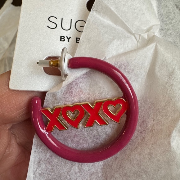 SUGARFIX by BaubleBar "Hugs and Kisses" Hoop Statement Earrings - Dark Pink - Picture 2 of 5